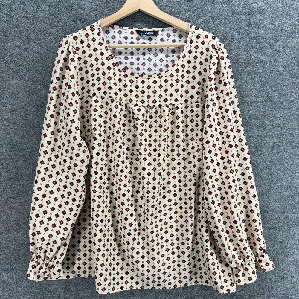 Bloomchic Blouse Women 18-20 Plus Beige Geometric Long Sleeve Round Neck Casual